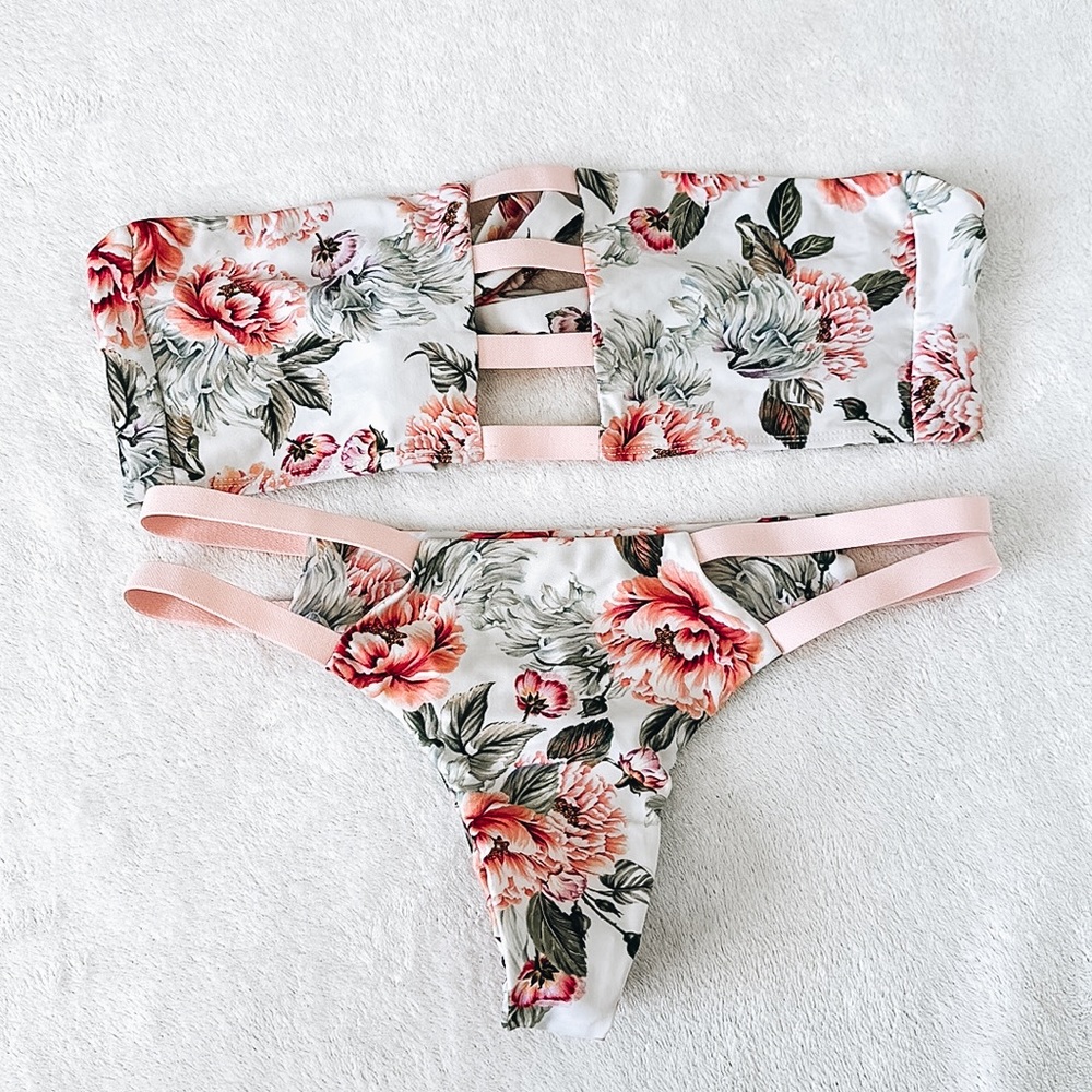 Salty K Floral Strapless Cheeky Bikini Swimsuit White/Pink/Green Large